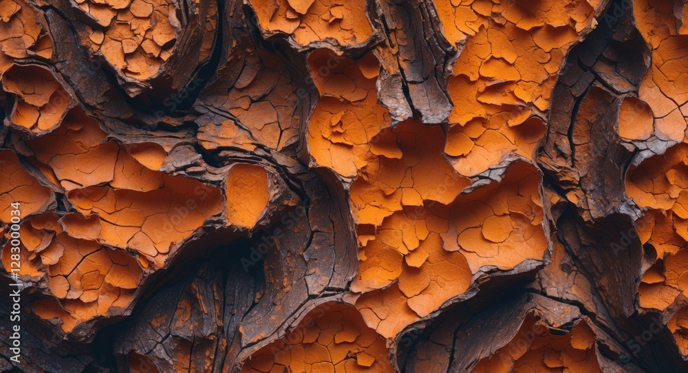 Poster textured surface of weathered bark with deep cracks and vibrant orange hues, abstract natural patter