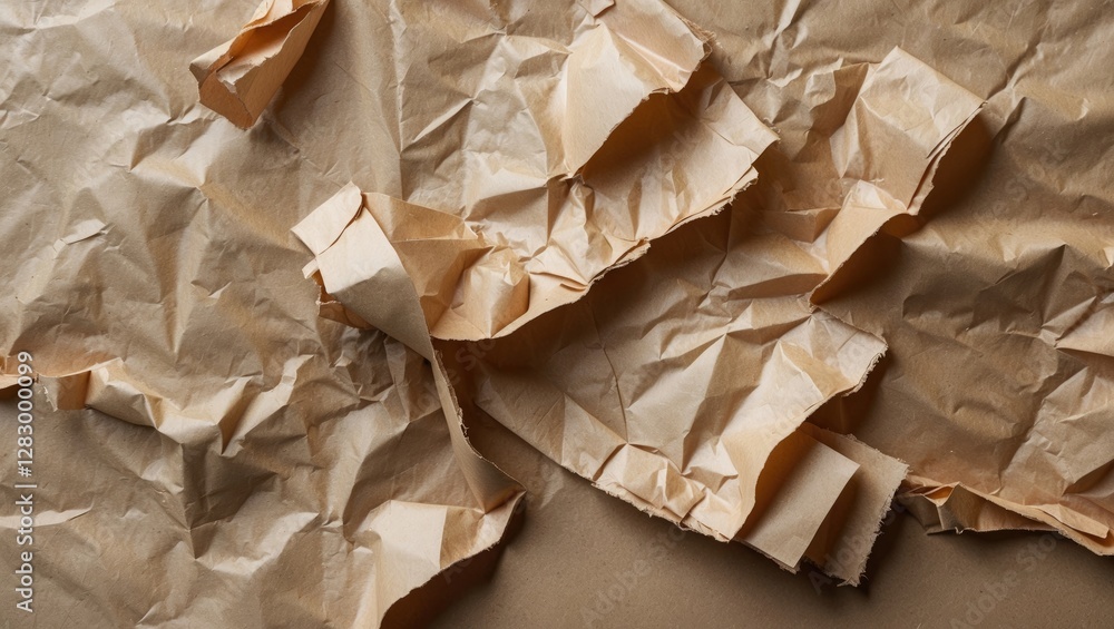 Poster crumpled beige paper texture background in natural lighting with shadows for design or art projects