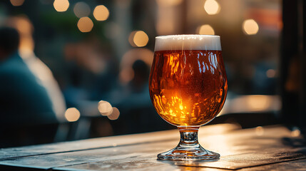 A glass of beer is sitting on a table in front of a blurry background