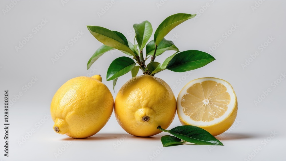 Poster fresh ripe lemons with green leaves arranged on light background showing whole and sliced fruit.