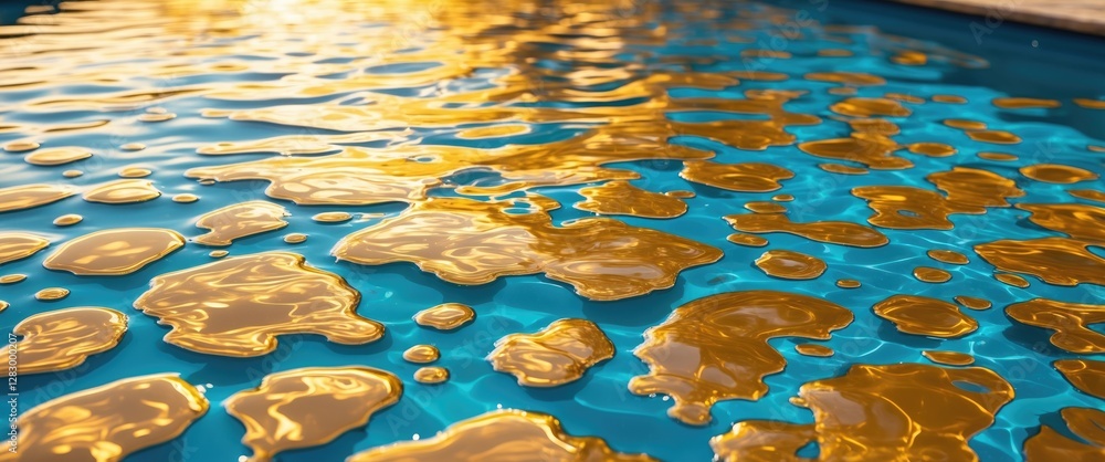Poster golden abstract patterns reflecting on a blue water surface in a pool during sunset creating a seren
