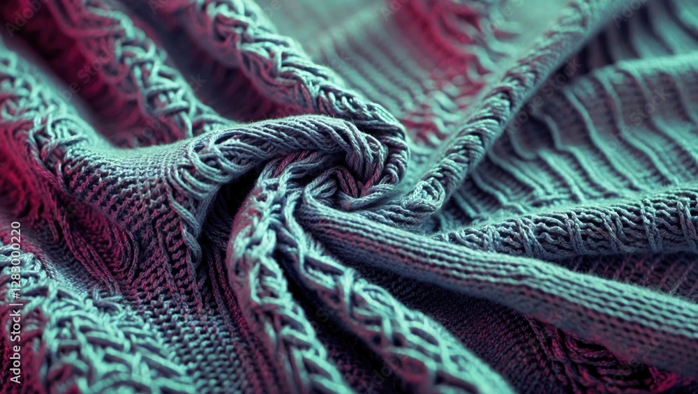 Aufkleber close-up view of textured knitted fabric showcasing intricate patterns and soft fibers in teal and p