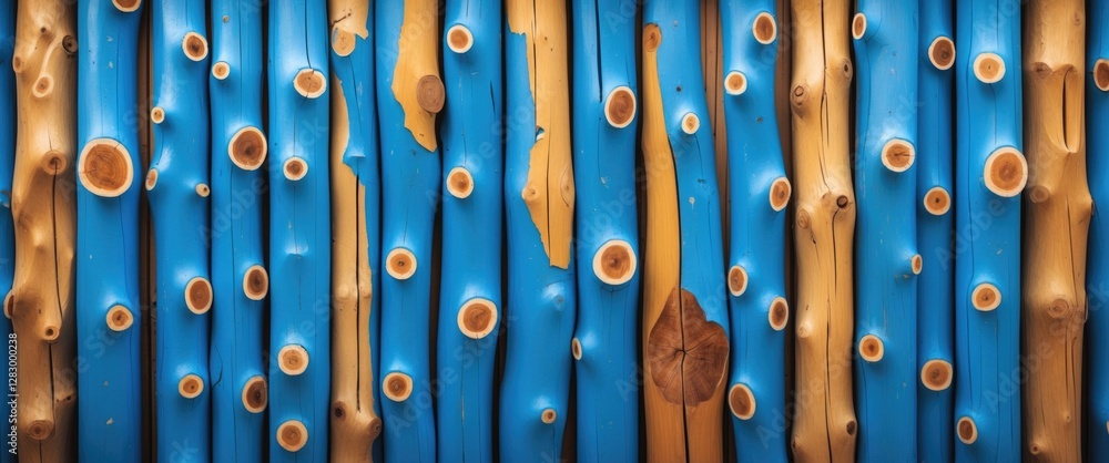 Poster Colorful abstract background of blue and orange tree trunks with visible rings and texture elements.