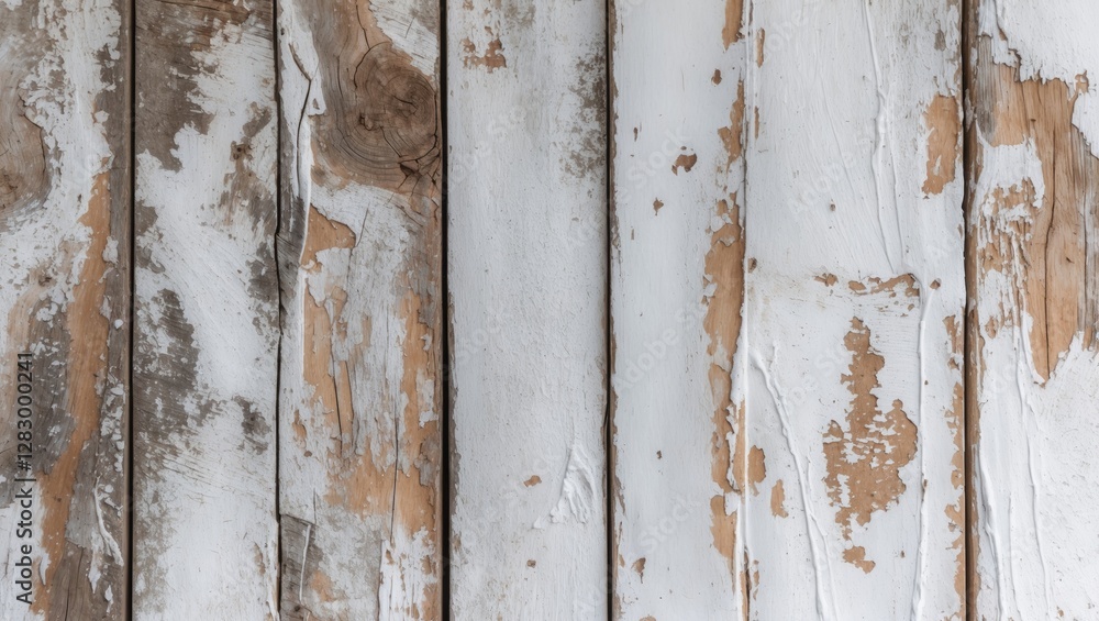Poster weathered white painted wood planks with peeling texture and rustic charm ideal for background or de