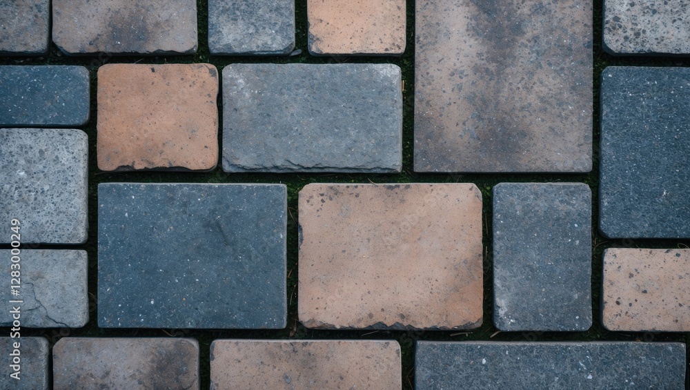 Poster close-up view of textured paving stones in various shades of gray and beige arranged in a geometric 