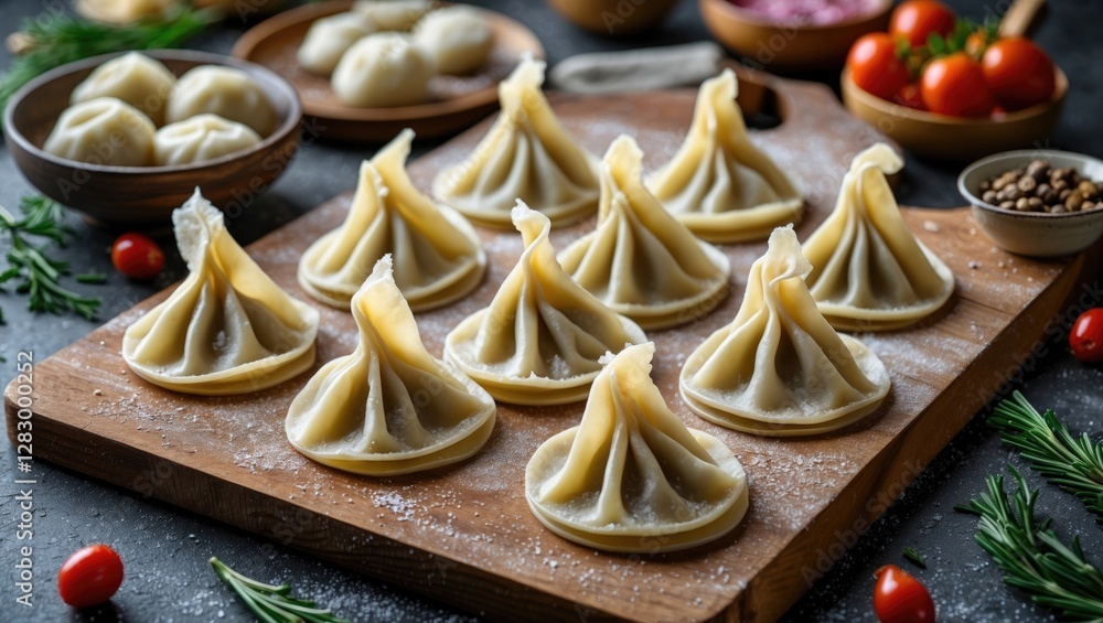 Aufkleber homemade dumplings arranged on a wooden board with ingredients and garnishes in the background for c