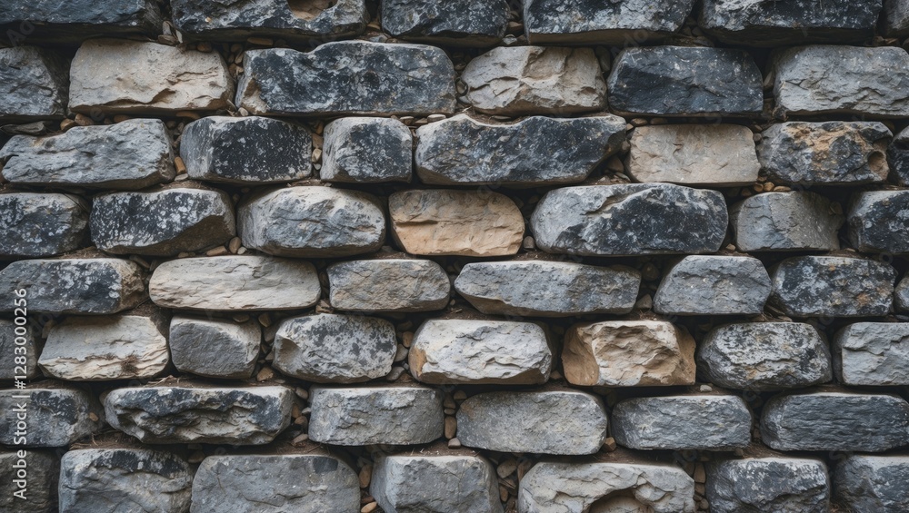 Poster detailed texture of a stone wall featuring irregularly shaped gray and beige stones arranged in a re