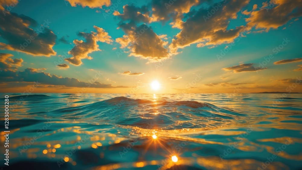Aufkleber Sunset over calm ocean water with reflections and clouds in a colorful sky, creating a tranquil and vibrant atmosphere.