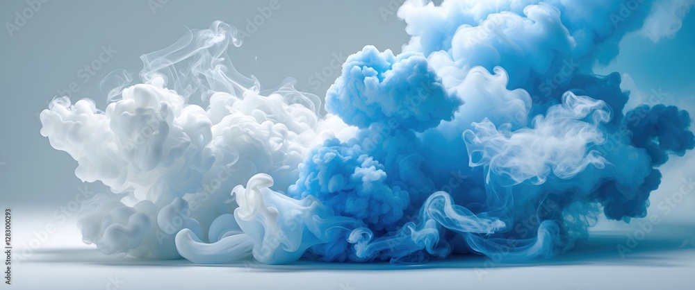 Poster abstract swirling blue and white smoke clouds creating a soft ethereal background for artistic and d