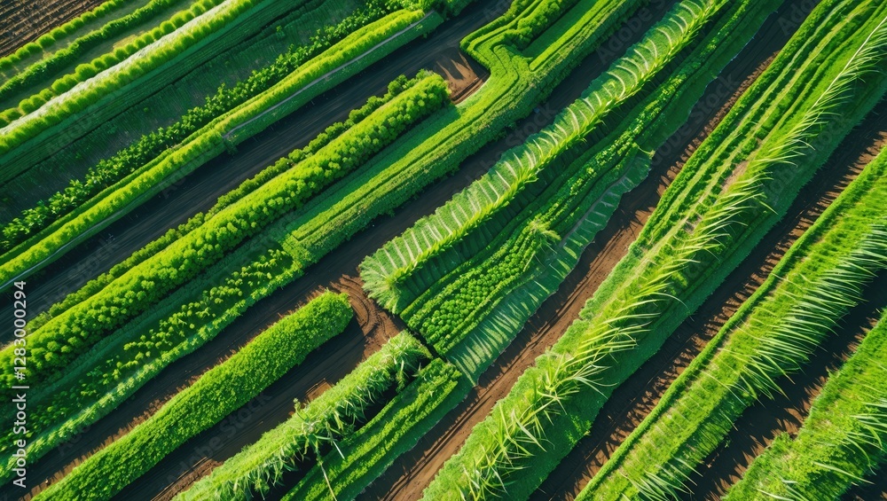 Poster aerial view of agricultural field showcasing vibrant green crop patterns and textures in organized r