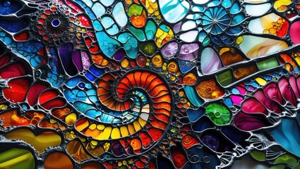 Colorful glass mosaic design with swirling patterns and vibrant hues creating an abstract art piece resembling stained glass.