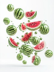 Falling slices watermelons cut into pieces floating in the air with sharp shapes isolated on white background