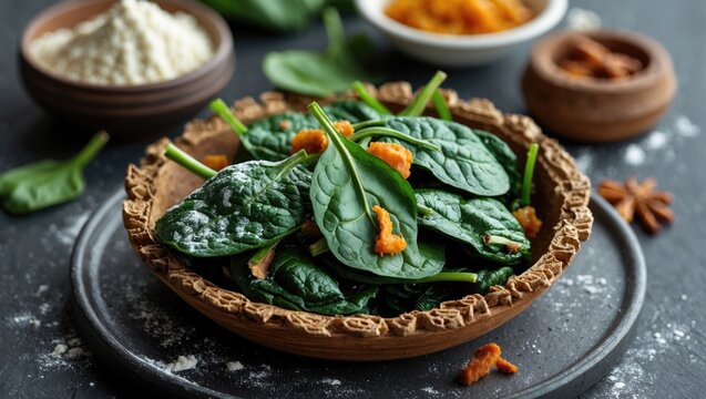 Fried spinach snack with flour served in a rustic bowl surrounded by ingredients on a dark textured background