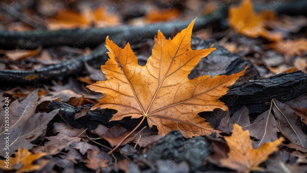 Poster autumn leaves on forest floor with vibrant orange maple leaf surrounded by brown foliage and tree br