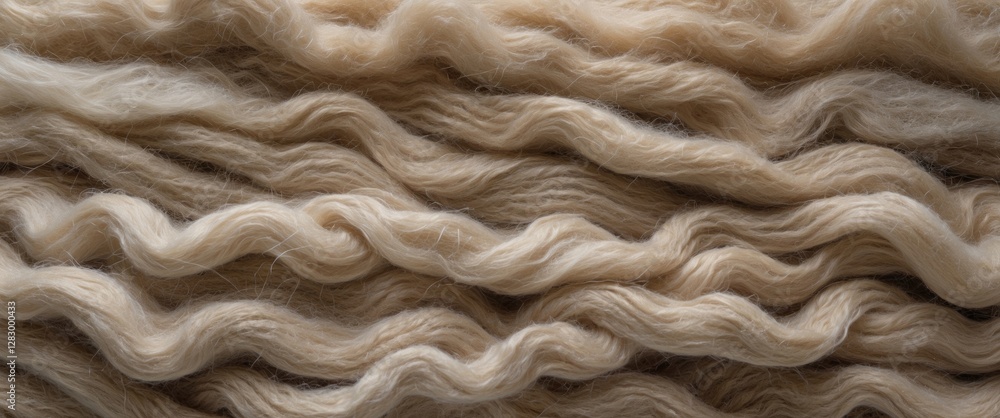 Poster textured strands of light beige yarn or wool exhibiting a wavy pattern stacked in layers for textile