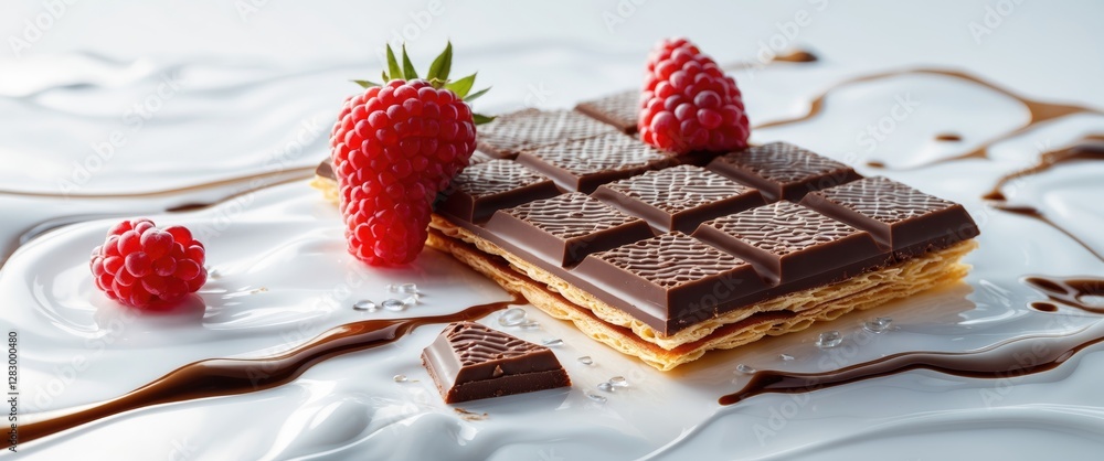 Poster Chocolate wafer stack topped with fresh raspberries on a glossy surface with chocolate drizzle and creamy texture
