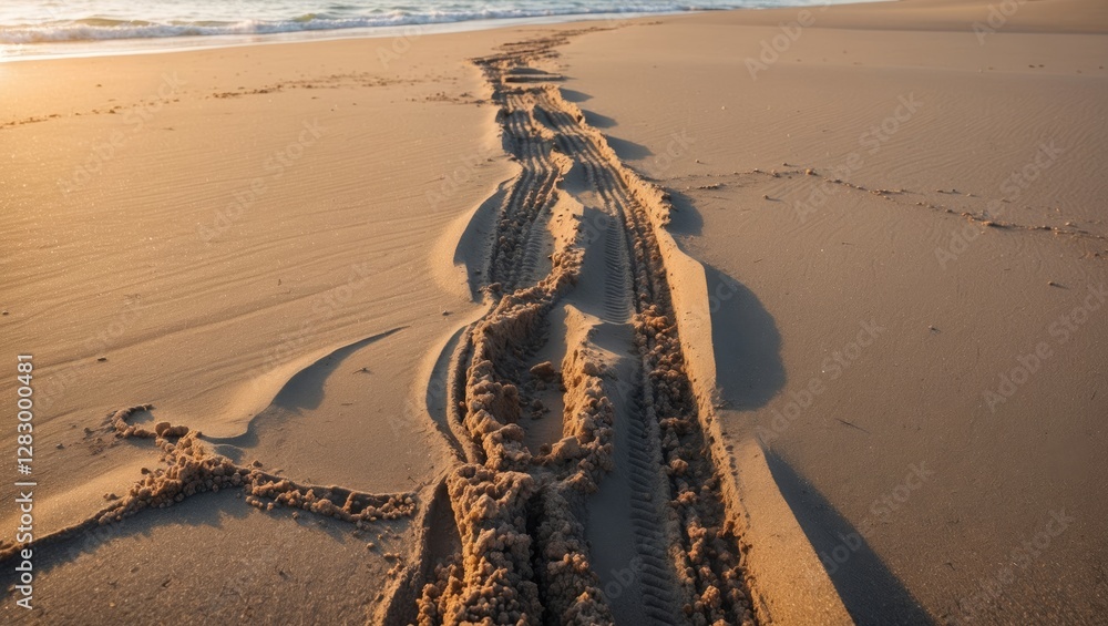 Aufkleber tire tracks on sandy beach with gentle waves and warm sunlight creating shadows on the sand surface