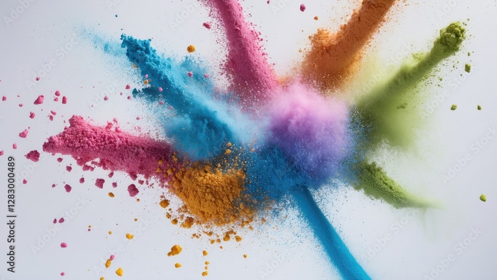 Poster vibrant explosion of colored powder creating an artistic abstract pattern on a white background show