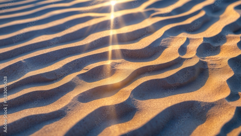 Aufkleber Sand dunes with ripple patterns illuminated by sunlight creating a warm natural texture and gradient in the sand surface.
