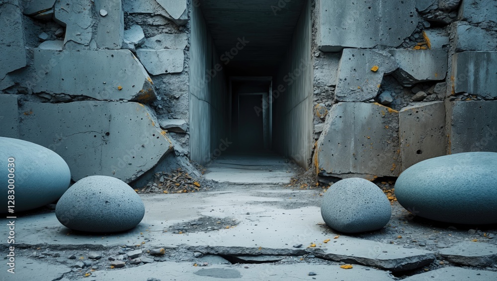 Poster concrete corridor with cracked walls and large smooth stones in the foreground under diffused lighti
