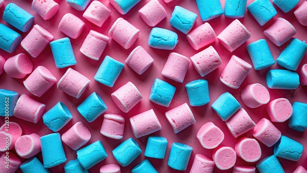 Poster colorful flat lay of pink and blue marshmallows on a pink background creating an abstract pattern wi