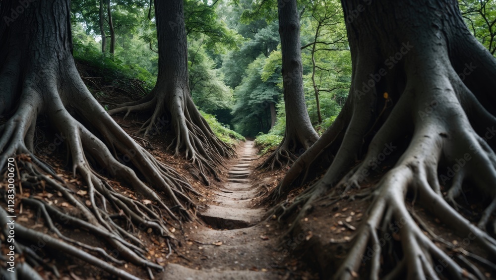 Poster pathway through tree roots in a forest creating an abstract composition with a focus on the beginnin