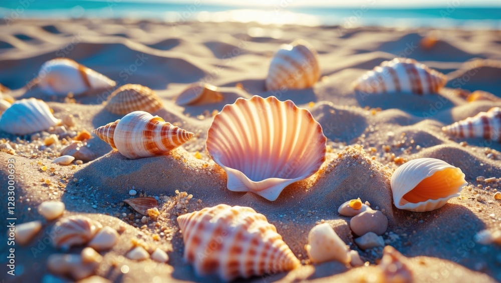 Poster close-up of a variety of seashells scattered on sandy beach with soft sunlight reflecting on the oce