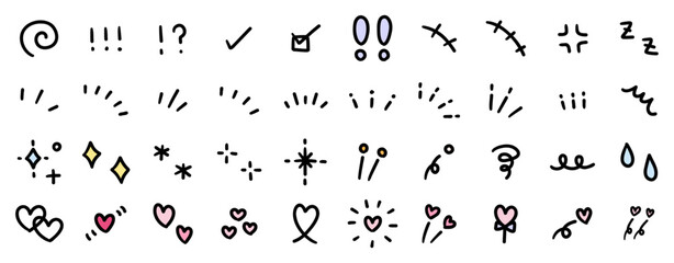 手書きの飾りイラストのベクターイラストセット。手描き、集中線、注目、ハート