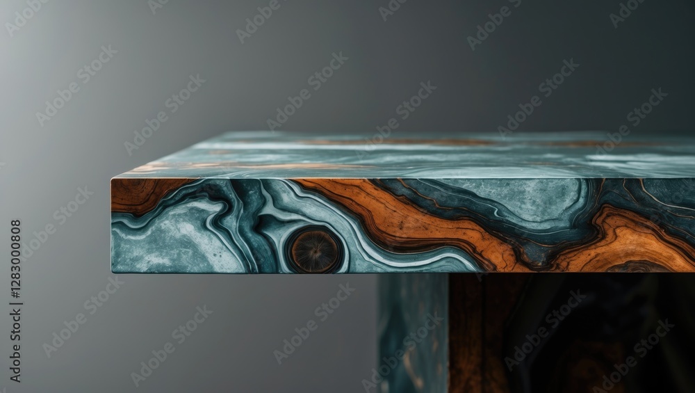 Poster Close-up of a textured table surface featuring blue and orange abstract patterns on a dark background