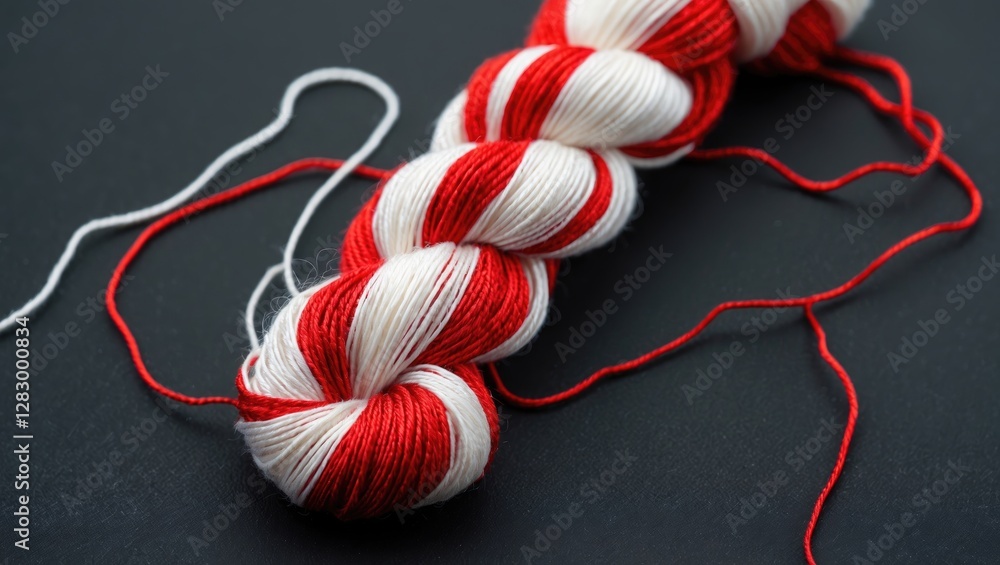 Aufkleber red and white yarn skein displayed on a dark background showcasing the texture and color contrast id