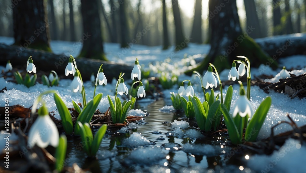 Poster snowdrops blooming in a forest stream surrounded by snow and trees during early spring morning light