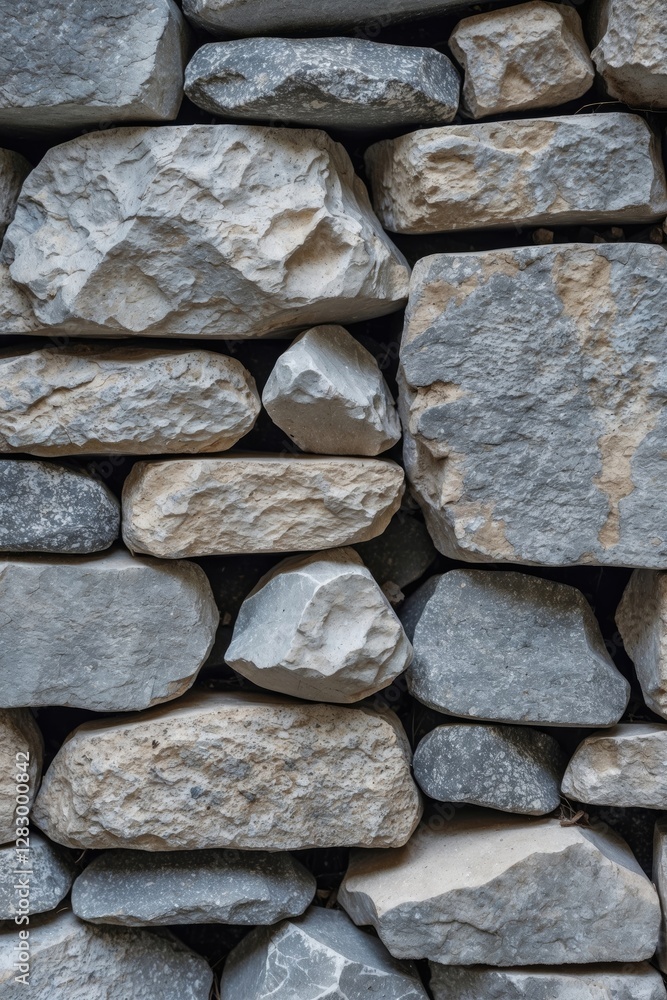 Poster Textured stone wall with various shapes and sizes of gray and beige rocks arranged in a natural pattern