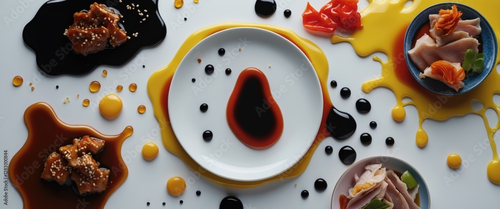 Poster colorful sauces and garnished dishes arranged artistically on a white surface with circular empty pl