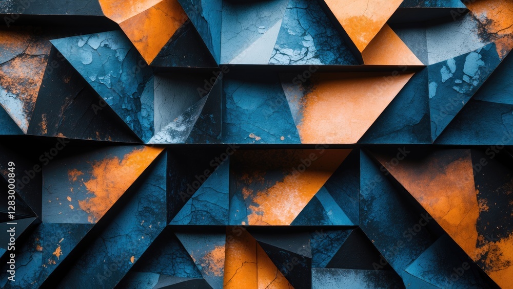 Poster geometric abstract background with textured triangular patterns in deep blue and vibrant orange hues