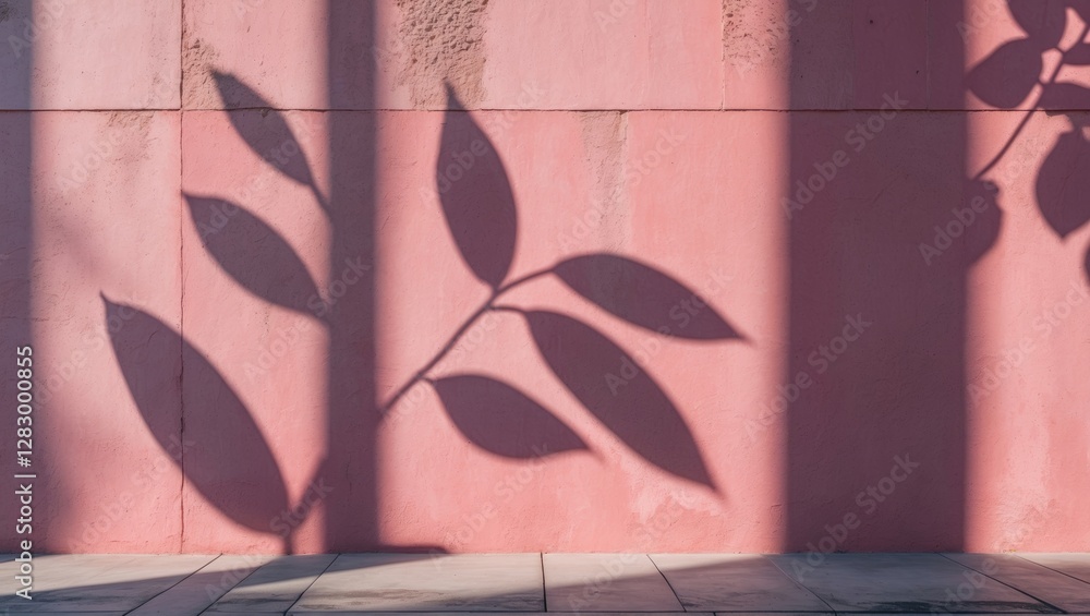Poster shadows of leafy branches casting artistic patterns on a textured pink concrete wall with soft natur