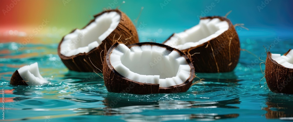 Poster Coconuts half submerged in water with splashes around them and colorful gradient background