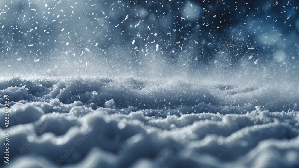 Poster snowfall in winter landscape with close-up view of snow-covered ground and snowfall particles agains