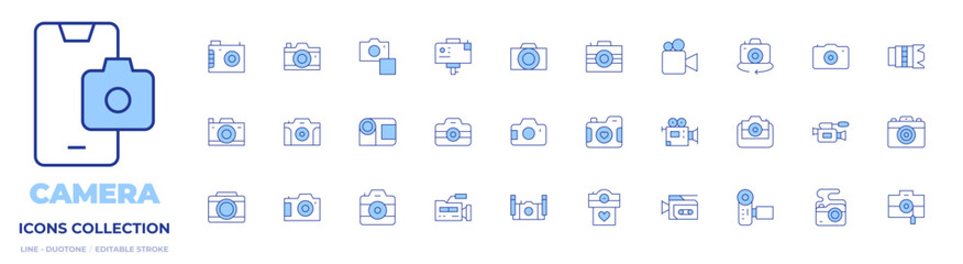 Camera icons collection. Line Duotone style, editable stroke. camera, photo camera, video camera, digital camera, underwater camera, camera lens