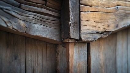 Obraz premium Rustic wooden corner close-up showcasing textured planks ideal for wallpaper and interior design inspiration.