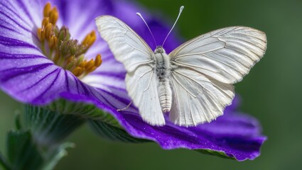 Cabbage white butterfly perched on vibrant purple flower showcasing delicate beauty and nature's intricate details in a tranquil setting.