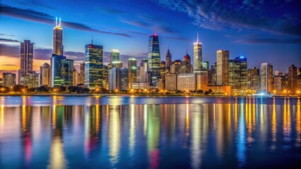Fototapeta premium Skyline of Chicago Downtown at Night with towering skyscrapers and neon lights reflecting off the lake, lake michigan, nighttime