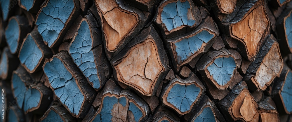 Poster textured tree bark surface with blue and brown geometric patterns and cracks in close-up detail