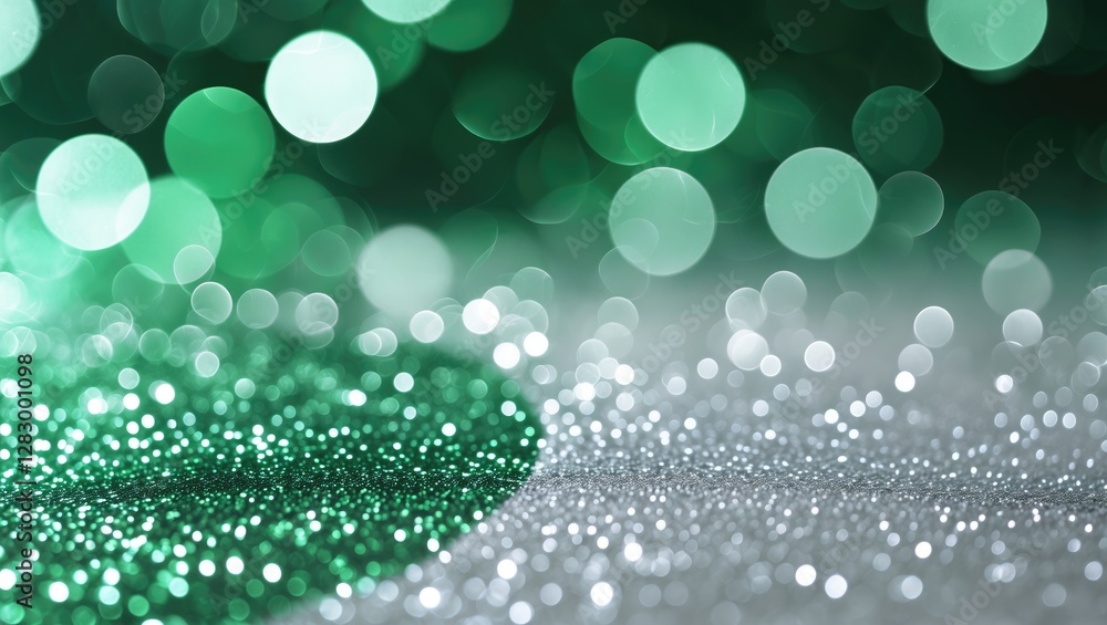 Poster abstract green glitter bokeh circles with silver shimmer creating a luxurious textured background fo