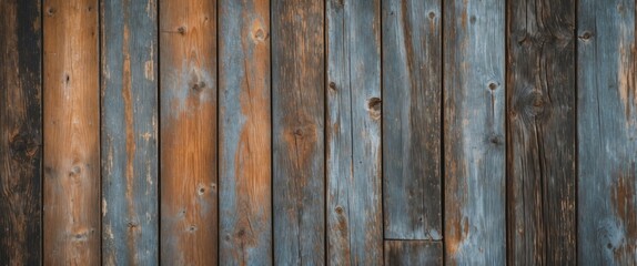 Textured background of weathered wooden planks in varying shades of brown and blue with knots and imperfections