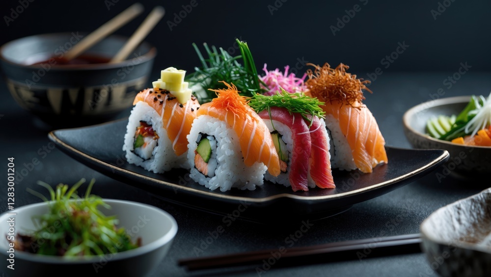 Poster sushi platter with assorted sushi rolls and sashimi served on black plate with dipping sauces and ga