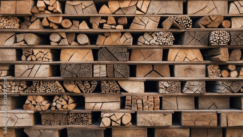 Aufkleber Stacks of various wooden logs and blocks arranged in a detailed pattern showcasing different textures and shapes