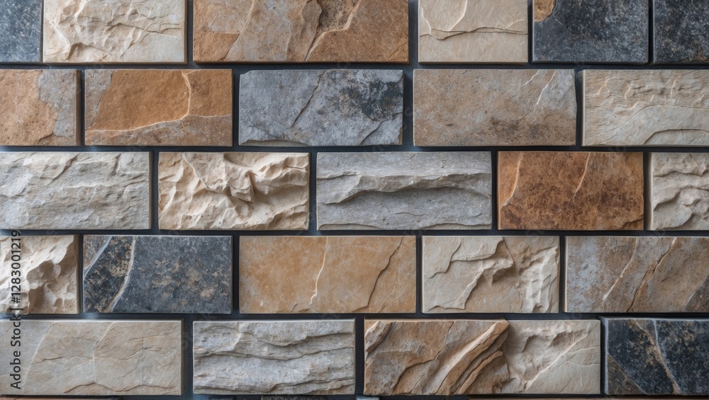 Poster Textured stone wall tiles in various colors and patterns forming a seamless brick-like pattern suitable for home interiors or exteriors.