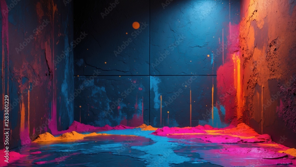 Poster vibrant abstract background with neon colors illuminating a dark textured wall creating a striking u