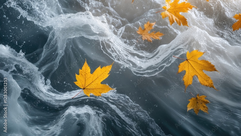 Poster serene abstract water flow with autumn leaves drifting on the surface creating a calming natural mot