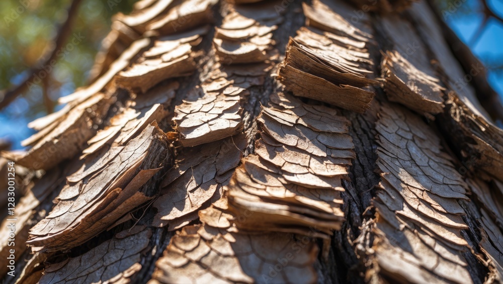 Poster close-up view of textured pine tree bark showcasing peeling layers against a blue sky background